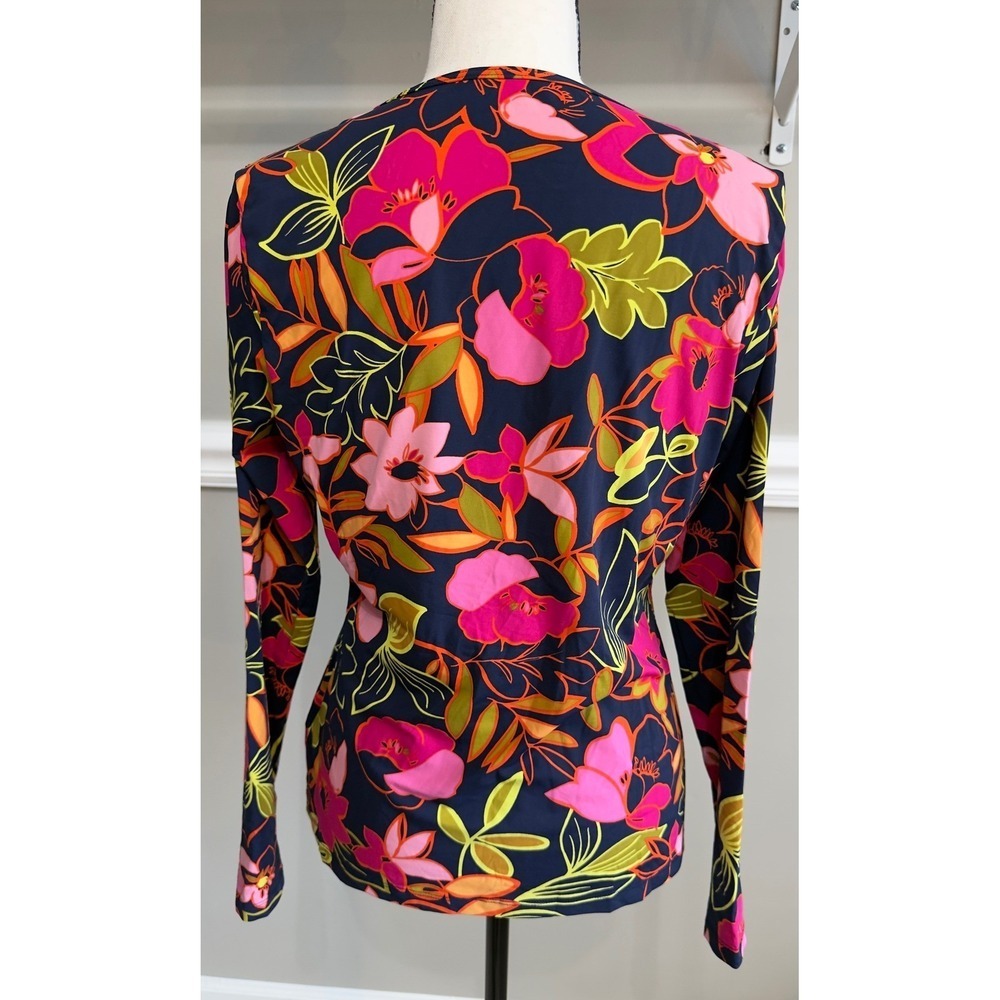 Lands End Navy Blue Pink Floral Long Sleeve Crewneck Jersey Top Womens M - Picture 3 of 4